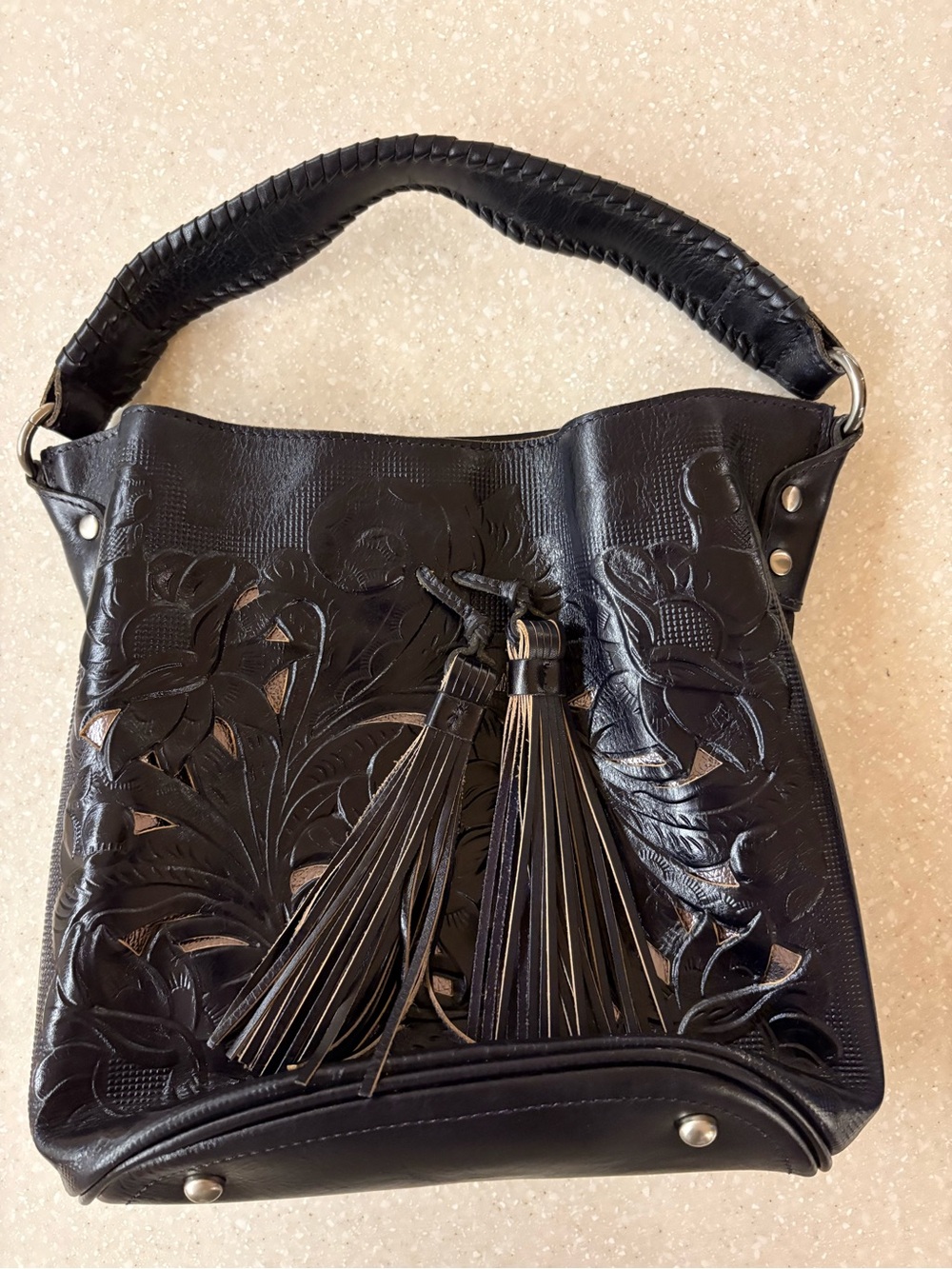 Patricia Nash Authentic Floral Hand Tooled Leather Shoulder Bag with Tassels